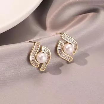 Серьги-пусеты Xiaoxiangfeng с инкрустацией цирконом и жемчугом, роскошные, высококлассные, с серебряной иглой, модные, темпераментные, женские 14k