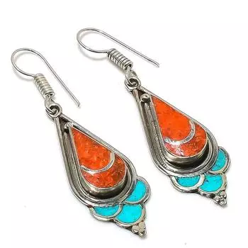 Серьги ручной работы из натуральной тибетской бирюзы и кораллового камня 2,29 дюйма I9Q96