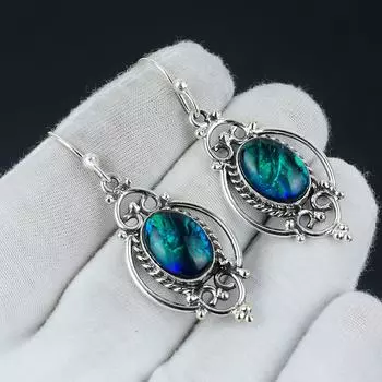 Серьги с австралийским тройным огненным опалом, серебряные серьги с опалом, серьги с кабошоном, серьги из стерлингового серебра 925 пробы, серьги с драгоценными камнями, серьги с подвесками 2.16 зелёный