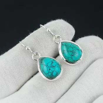 Серьги с бирюзой, серьги из стерлингового серебра 925 пробы, красивый драгоценный камень, кабошон, серьги с бирюзовым камнем, серьги на день рождения, подарок для нее для женщин 1.77 бирюзовый