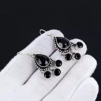 Серьги с черной шпинелью, серьги с драгоценными камнями, старинные серебряные серьги с черной шпинелью, ювелирные изделия из цельного серебра 925 пробы, серьги с драгоценными камнями для нее 1.57 чёрный