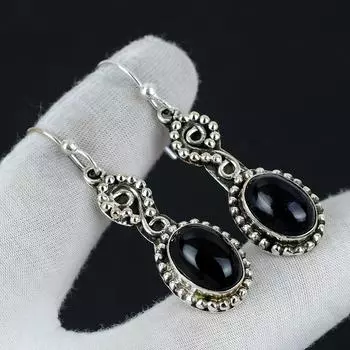 Серьги с черным ониксом, серьги из стерлингового серебра 925 пробы, серьги ручной работы, овальные серьги с черным ониксом, подарок для матери, серьги с драгоценными камнями 1.96 чёрный
