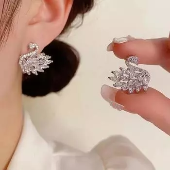 Серьги с цирконием и лебедем S925 Серебряная булавка Классические модные женские серьги