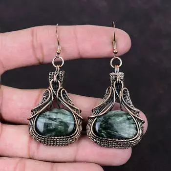 Серьги с драгоценным камнем из серафинита, серьги из медной проволоки, серьги ручной работы, медные украшения, висячие серьги, подарок для матери, ювелирные изделия из проволоки
