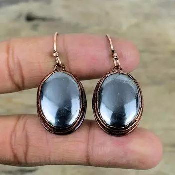 Серьги с драгоценным камнем из шунгита, медные серьги, полученные гальваническим способом, антикварные ювелирные изделия, серьги с камнем по случаю рождения, ювелирные изделия ручной работы, гальванические украшения, подарки на годовщину