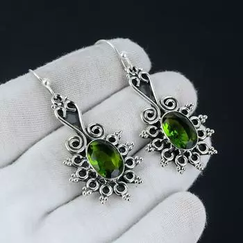 Серьги с драгоценными камнями перидот, овальные серьги с драгоценными камнями перидот, серьги из стерлингового серебра 925 пробы, серьги с камнями перидот, женские серьги в подарок 2.36 зелёный