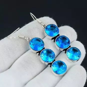 Серьги с драгоценными камнями с голубым топазом, ювелирные серьги ручной работы из стерлингового серебра 925 пробы, кристаллы топаза, серьги для женщин, серьги с голубым топазом для нее 2.55 синий