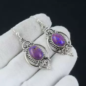 Серьги с фиолетовой медью и бирюзой, серебряные серьги с бирюзой, серьги с овальным камнем, серьги из стерлингового серебра 925 пробы, серьги с драгоценными камнями, серьги с подвесками 2.16