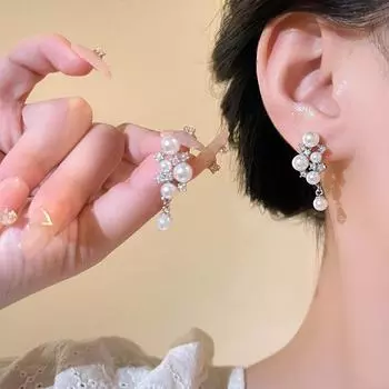 Серьги с французским ретро-виноградом и жемчугом из циркония - серебряная игла S925, легкий роскошный изысканный дизайн, стиль интернет-знаменитости. E6051 серебряный