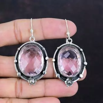 Серьги с граненым розовым кунцитом, натуральные драгоценные камни, ювелирные изделия ручной работы, серьги из стерлингового серебра 925 пробы, висячие серьги, изящные ювелирные изделия, подарки для друга