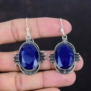 Серьги с граненым синим сапфиром, настоящие драгоценные камни, изящные ювелирные изделия, серьги из стерлингового серебра 925 пробы, ювелирные изделия ручной работы, висячие серьги, свадебный подарок