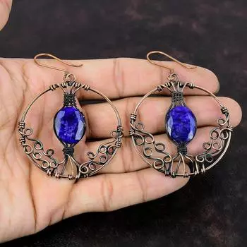 Серьги с граненым синим сапфиром, серьги из медной проволоки, ювелирные изделия ручной работы из драгоценных камней, ювелирные изделия из медной проволоки, новейшие дизайнерские серьги, подарок для нее