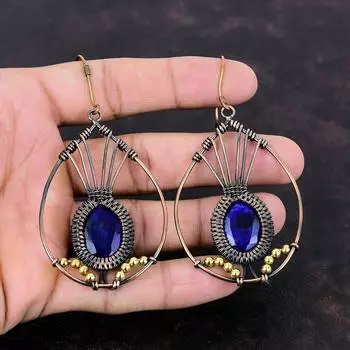 Серьги с граненым синим сапфиром, серьги из медной проволоки, серьги ручной работы, драгоценный камень, медная проволока, ювелирные изделия, серьги в этническом стиле, подарок на помолвку