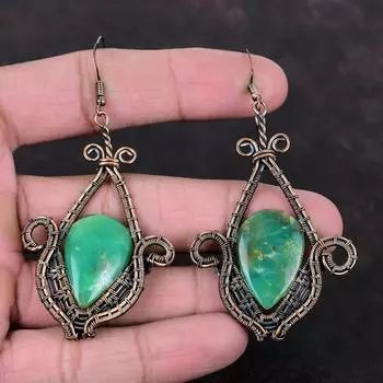 Серьги с хризопразом, серьги из медной проволоки, ювелирные изделия из драгоценных камней с хризопразом, серьги ручной работы, медные украшения, подарок для нее, ювелирные изделия из проволочной обмотки