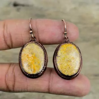Серьги с ископаемым кораллом, медные серьги, полученные электроформованием, серьги с драгоценными камнями, ювелирные изделия с ископаемым кораллом, висячие серьги, медные украшения ручной работы, свадебный подарок
