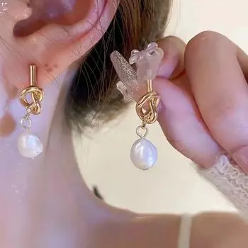 Серьги с корейским барочным жемчугом в узелковом стиле - элитные ювелирные изделия A2073 золотой