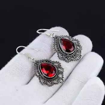 Серьги с красным гранатом, серьги с драгоценными камнями, старинные серебряные серьги с красным гранатом, ювелирные изделия из серебра 925 пробы, серьги с драгоценными камнями для нее 1.57 красный