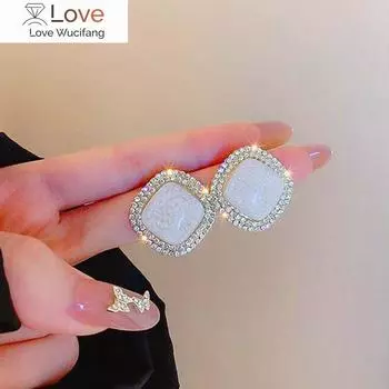 Серьги с квадратными стразами, новые белые модные корейские серьги с индивидуальным темпераментом, дикие, простые, женские украшения