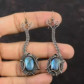 Серьги с лабрадоритом, серьги из медной проволоки, ювелирные изделия из драгоценных камней, серьги ручной работы, ювелирные изделия из медной проволоки, подарок для мамы, серьги из целебного камня