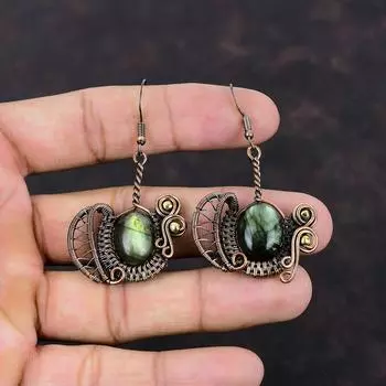 Серьги с лабрадоритом, серьги из медной проволоки, ювелирные изделия из драгоценных камней, серьги ручной работы, замечательные медные украшения, подарок на помолвку, стильные серьги