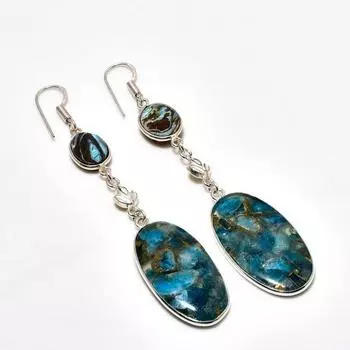 Серьги с медным апатитом и драгоценным камнем-ракушкой ушка 925, посеребренные, 3,03 дюйма