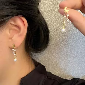 Серьги с натуральным пресноводным жемчугом, женские длинные темпераментные серьги с бахромой, женские высококачественные серьги-гвоздики из циркония со звездой и луной для женщин