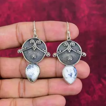 Серьги с опалом и дендритом, ювелирные изделия из чистого серебра 925 пробы с драгоценными камнями, серьги ручной работы на День благодарения 2.24 Inches белый