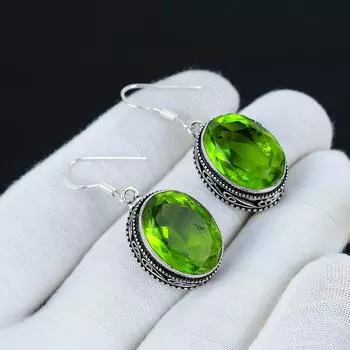 Серьги с перидотом, Серьги из стерлингового серебра 925 пробы, Серьги ручной работы, Антикварные серьги, Драгоценный камень перидот, Подарки для матери, Ювелирные изделия с перидотом для нее 1.96 зелёный