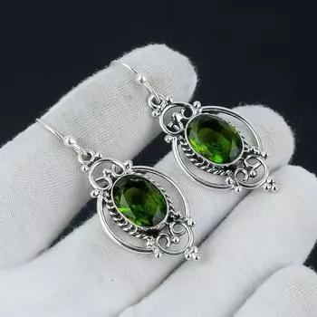 Серьги с перидотом, серебряные серьги с перидотом, серьги с кабошоном из хрусталя перидота, серьги из стерлингового серебра 925 пробы, серьги с драгоценными камнями, серьги с подвесками 2.16 зелёный
