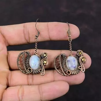 Серьги с радужным лунным камнем, серьги из медной проволоки, ювелирные изделия ручной работы, серьги с настоящими драгоценными камнями, медные ювелирные изделия, подарок для нее, серьги для женщин