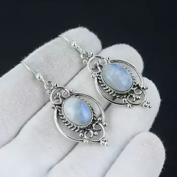 Серьги с радужным лунным камнем, серебряные серьги с лунным камнем, серьги с овальным камнем, серьги из стерлингового серебра 925 пробы, серьги с драгоценными камнями, серьги с подвесками 2.16 белый