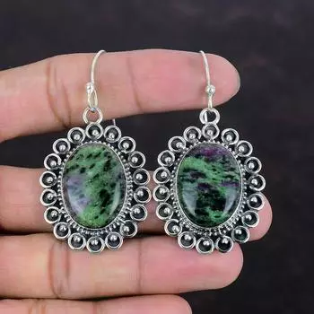 Серьги с рубиновым цоизитом, настоящие серьги с драгоценными камнями, серьги ручной работы, старинные ювелирные изделия, серьги из стерлингового серебра 925 пробы, серьги с камнями, соответствующими рождению, подарки для мамы