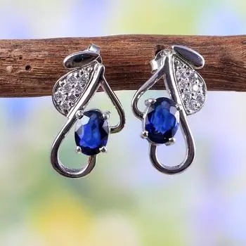 Серьги с синим сапфиром - Серьги-гвоздики - Винтажные минималистичные серьги - Маленькие изящные серьги - Заметные серьги в стиле бохо - Стерлинговое серебро 925 пробы - Подарок для женщин синий