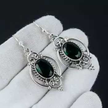 Серьги с зеленым турмалином, серебряные серьги с зеленым турмалином, серьги с кабошоном, серьги из стерлингового серебра 925 пробы, серьги с драгоценными камнями, серьги с подвесками 2.16 зелёный