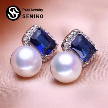 Серьги SENIKO 8-9 мм с натуральным пресноводным жемчугом серебряного цвета, модные синие серьги с фианитом для женщин и девочек, подарок белый