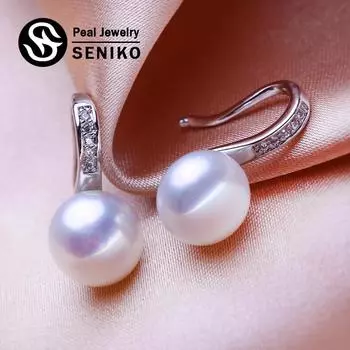 Серьги SENIKO 8-9 мм с натуральным пресноводным жемчугом, модные серьги для женщин, классические серьги с кубическим цирконием, ювелирные изделия с жемчугом A