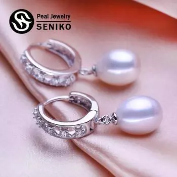 Серьги SENIKO 8-9 мм с натуральным пресноводным жемчугом, геометрический дизайн, модные серьги-клипсы с кубическим цирконием для женщин, серьги-кольца, подарок для девочек белый