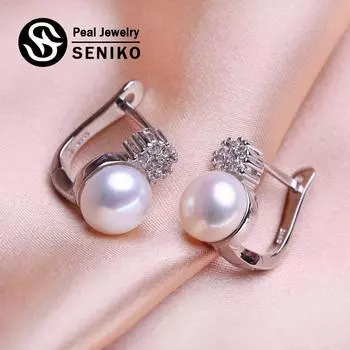 Серьги SENIKO 8-9 мм с натуральным пресноводным жемчугом, геометрический дизайн, модные серьги-клипсы с кубическим цирконием для женщин, подарок для девочек белый