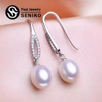 Серьги SENIKO 8-9 мм с натуральным пресноводным жемчугом, модные серьги-клипсы с кубическим цирконием для женщин и девочек, подарок, длинные серьги A