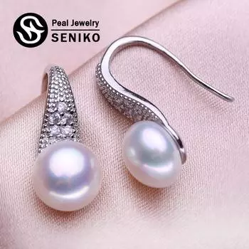 Серьги SENIKO 8-9 мм с натуральным пресноводным жемчугом, геометрический дизайн, модные серьги-клипсы с кубическим цирконием для женщин, подарок для девочек белый