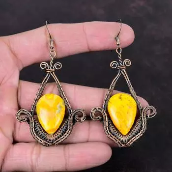 Серьги «Шмель» из яшмы, медная проволока, серьги, приличные серьги ручной работы, ювелирные изделия из натуральных драгоценных камней, серьги-капли, медные украшения для подарка