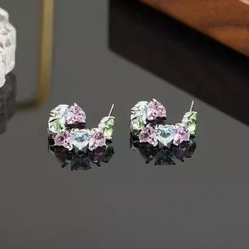 Серьги в форме буквы C с цветным цирконием Love Fashion Temperament Dopamine Earrings Light Luxury Sweet Stud Earrings