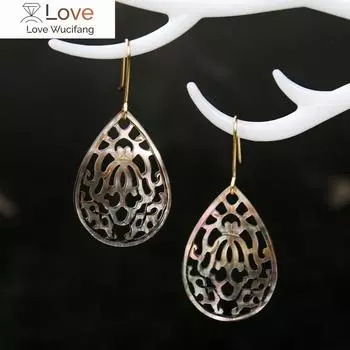 Серьги в форме ракушки с каплями воды и рукой Фатимы, серебряные иглы 925 пробы, черные перламутровые подвески, полые цветочные серьги-крючки, женские украшения