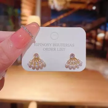 Серьги в форме веера с жемчугом и цирконием, иглы из серебра 925 пробы — элегантный дизайн для женщин S925 silver needle золотой