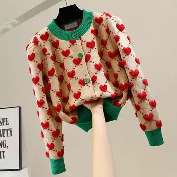 Сердце Клетчатый О-образный вырез Винтаж High Street Вязаные женские кардиганы свитер Корейская мода однобортный короткий кардиган для женщин XS красный