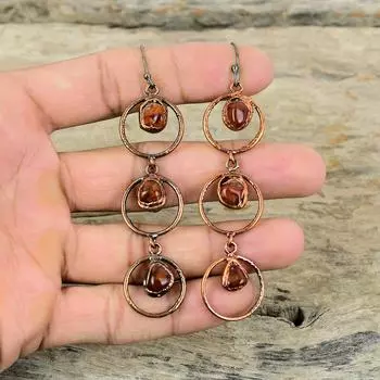 Сердолик Серьги гальванопластиковые медные серьги Серьги ручной работы гальванопластиковые украшения Очень красивые серьги с драгоценными камнями Медные украшения для подарка
