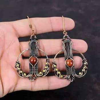 Сердолик Серьги Медная проволока Серьги Медные украшения Серьги ручной работы с драгоценными камнями Уникальные серьги для женщин Проволочная обертка Ювелирные изделия для подарка