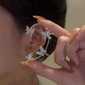 Серебристые позолоченные серьги-бабочки для ушей, поддельные серьги для пирсинга для женщин, блестящие циркониевые серьги-манжеты, клипсы, модные украшения