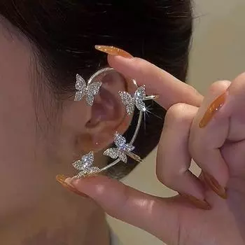Серебристые позолоченные серьги-бабочки для ушей, поддельные серьги для пирсинга для женщин, блестящие циркониевые серьги-манжеты, клипсы, модные украшения
