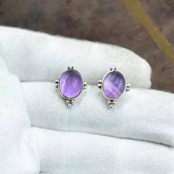 Серебро 925 пробы, овальные гвоздики с фиолетовым аметистом, серьги-гвоздики с натуральным аметистом